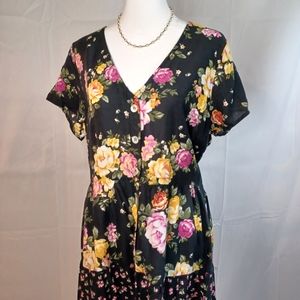 Derek Heart Black Pink Yellow Rose Print Retro 90s Dress XL